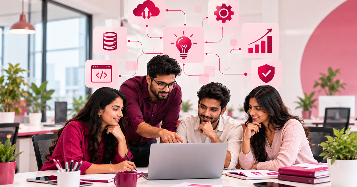 A team of four professionals collaborating around a laptop in a modern office, with digital technology icons representing software development, cloud computing, data analytics, automation, and cybersecurity.