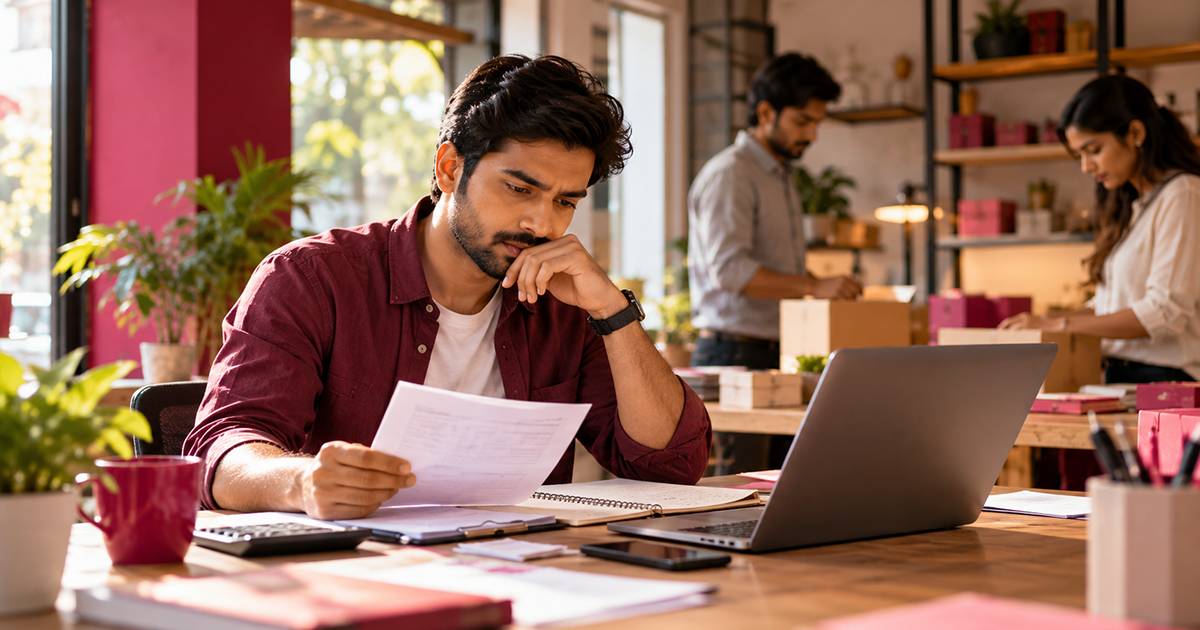 Technology and digital solutions for small business growth, featuring an entrepreneur using e-commerce, analytics, and social media tools.