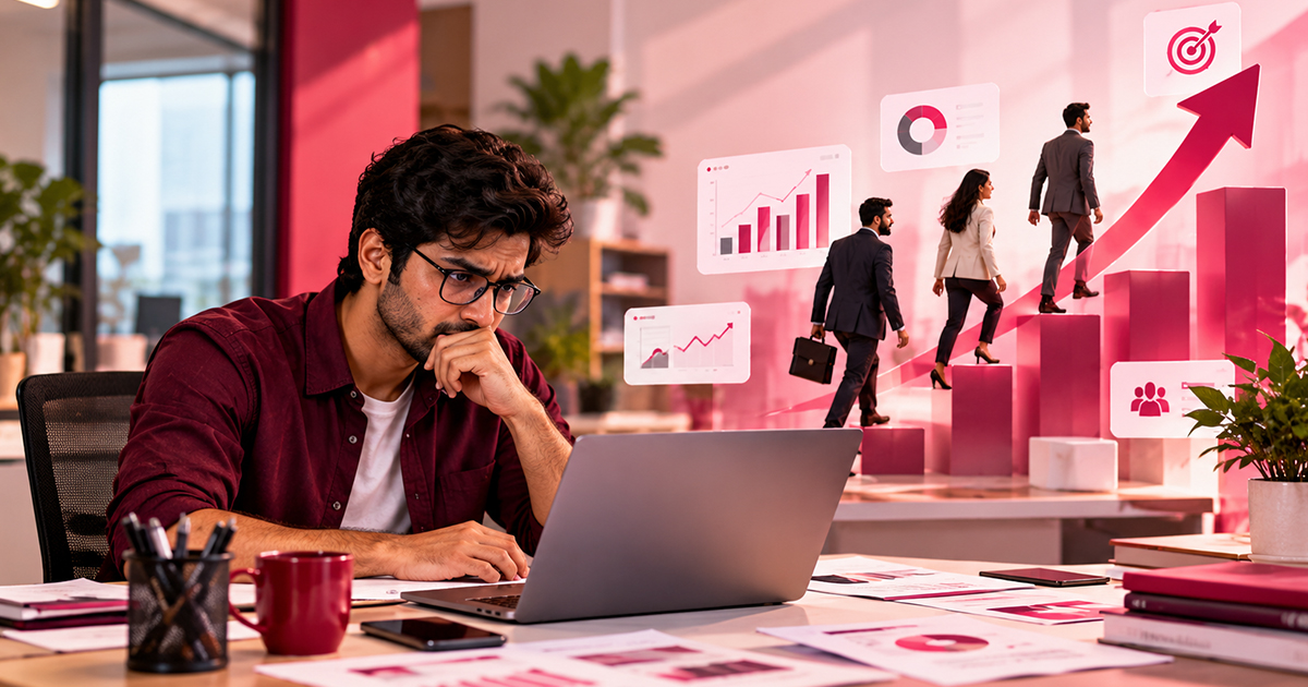 A concerned business professional analyzing marketing performance and growth opportunities, with rising bar charts, upward arrows, and business growth indicators in the background.